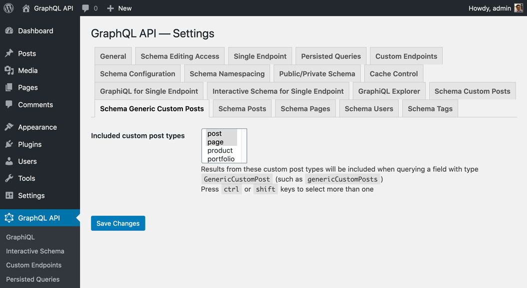 The plugin provides an interface for whitelisting CPTs to be exposed in the API.